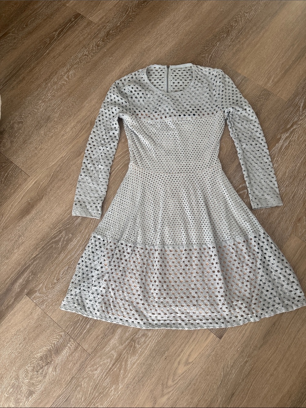 BCBGMaxAzria Light Gray Long-Sleeve Eyelet Fit-and-Flare Dress
